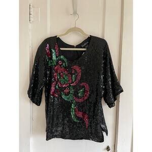 NWT Vintage 80s Exotica Silk Black Red Sequin Blouse Size 1X